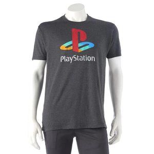 Men's Official Sony PlayStation Game Logo T-Shirt Distressed Graphics Gray NWT